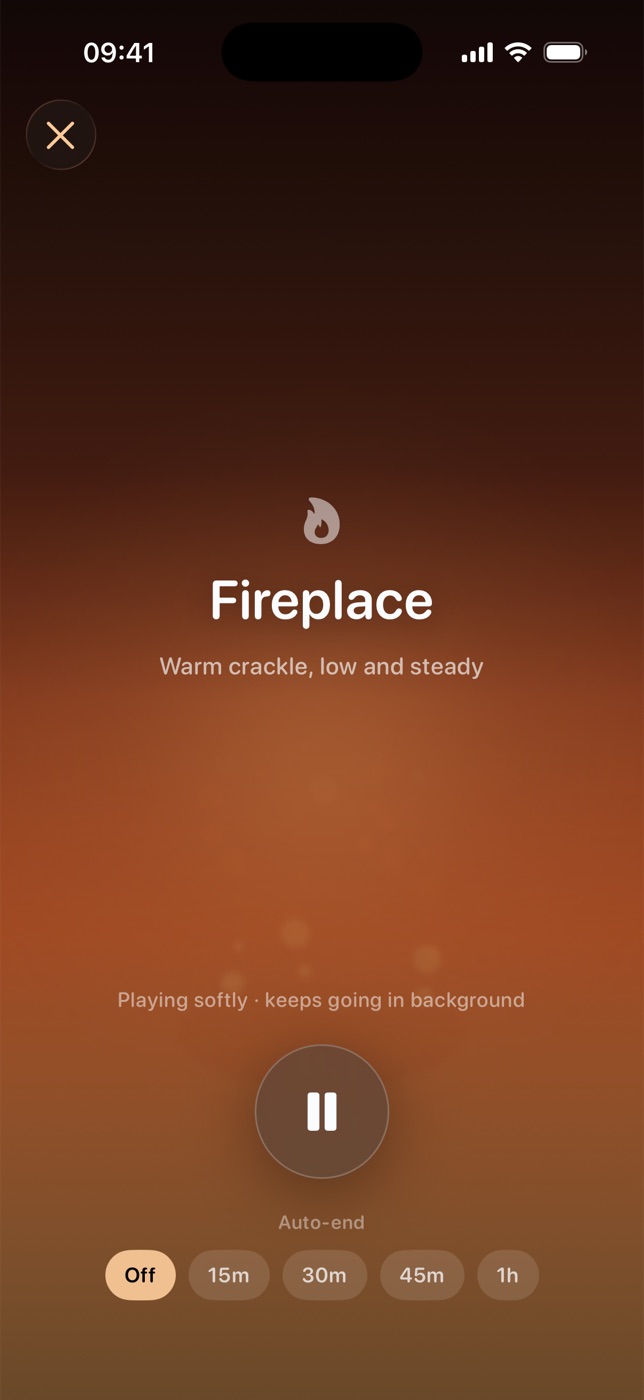 Lunio Fireplace soundscape playing, with auto-end options