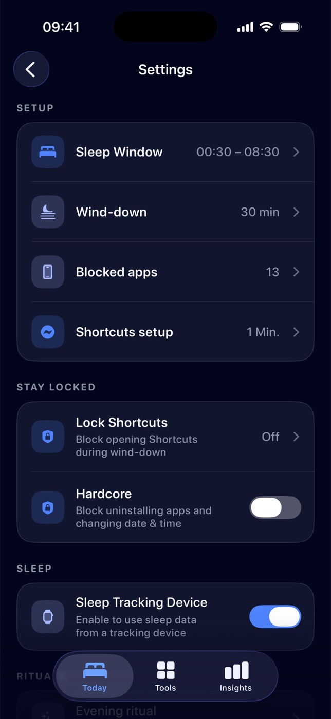 Lunio settings: sleep window, wind-down, blocked apps and Hardcore mode