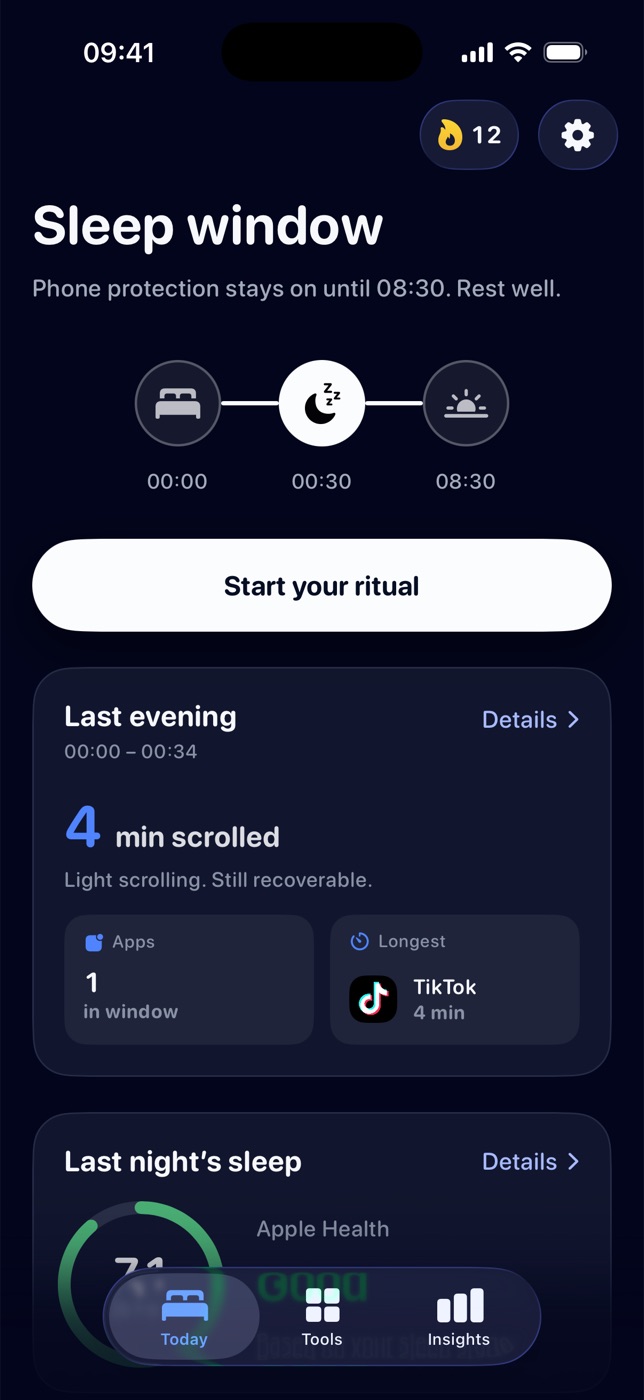 Lunio Today screen with the sleep window from 00:30 to 08:30