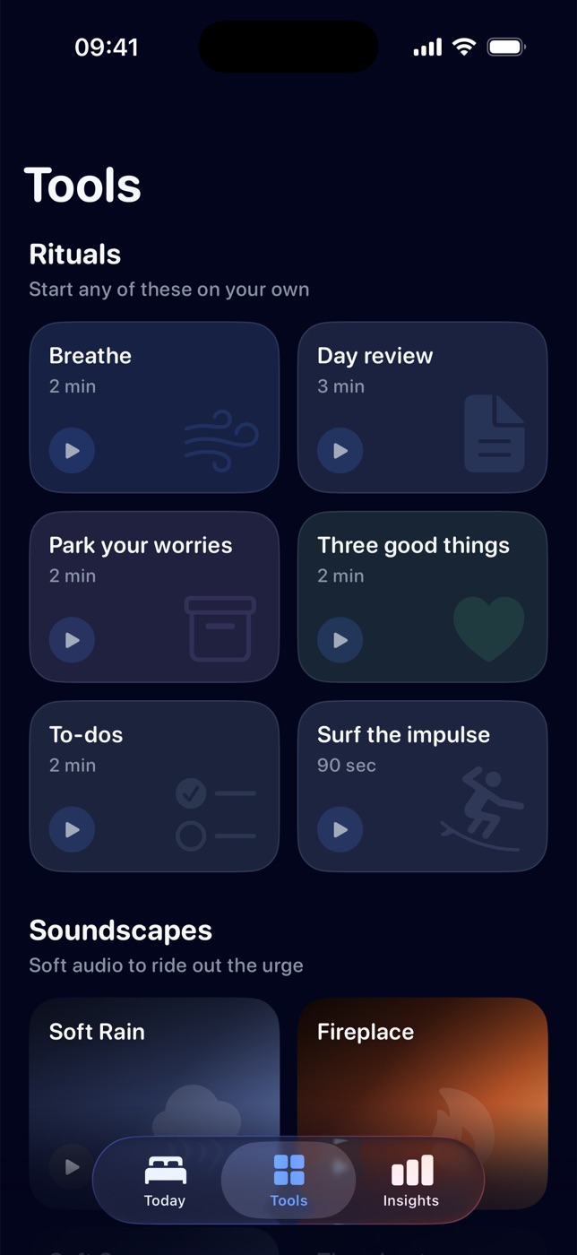 Lunio Tools tab with six rituals and soundscapes