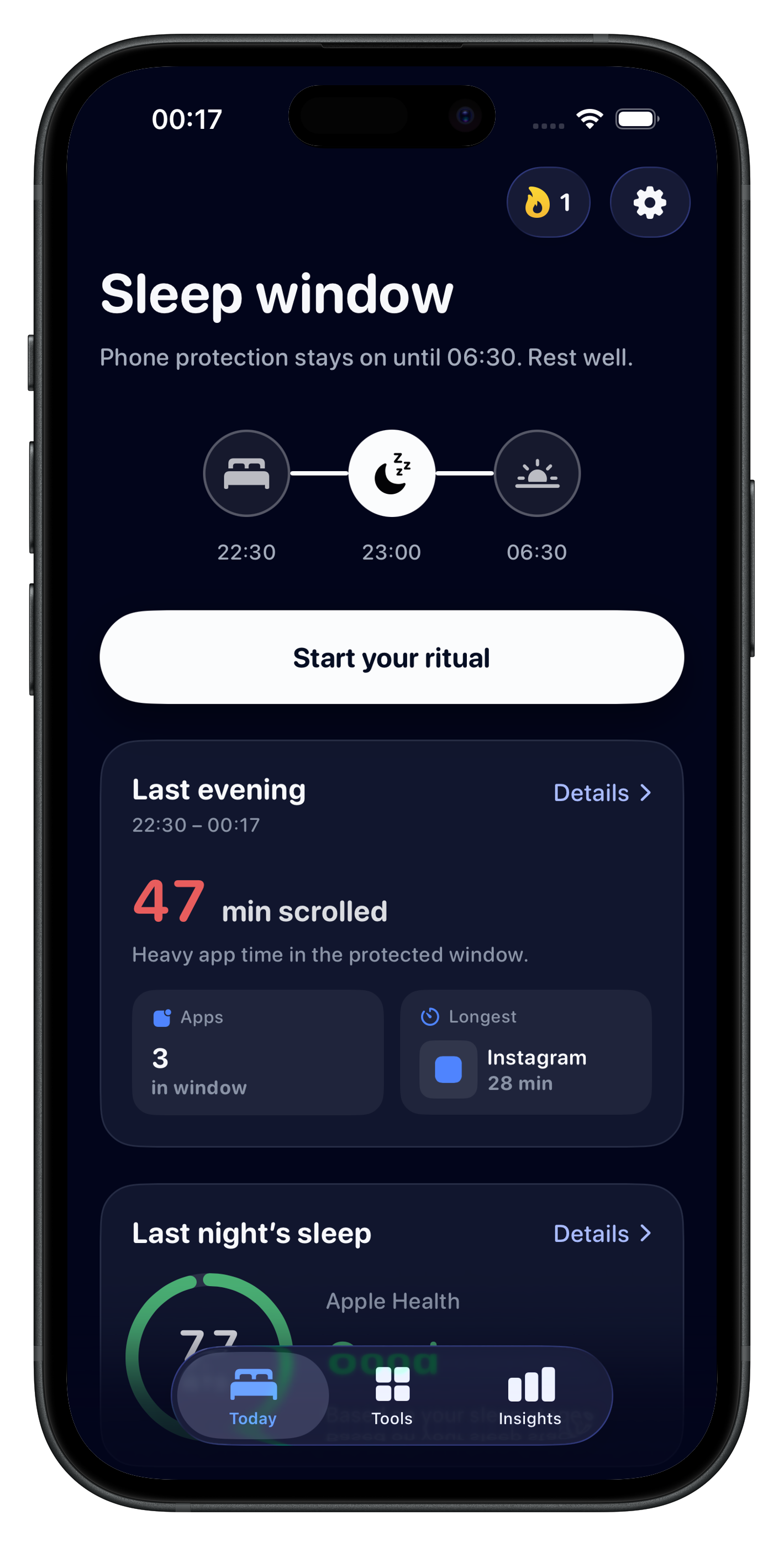 Lunio app showing the sleep window and evening scroll summary