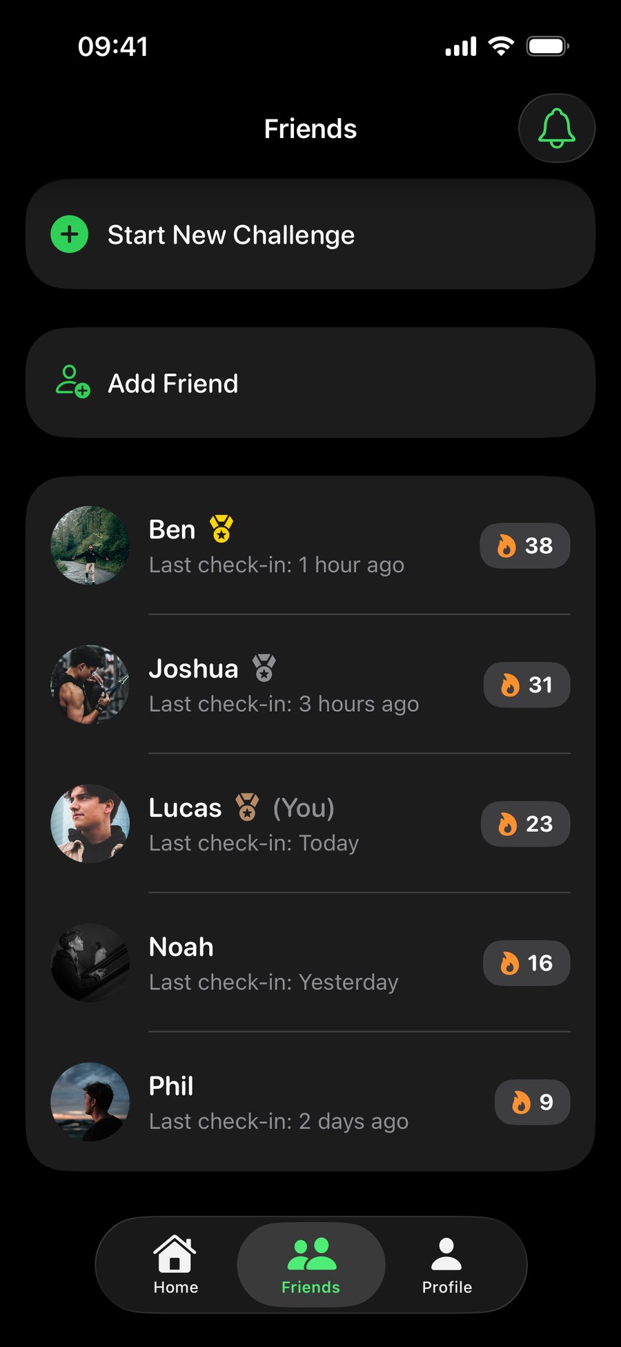 ShowUp friends list with each friend's current streak