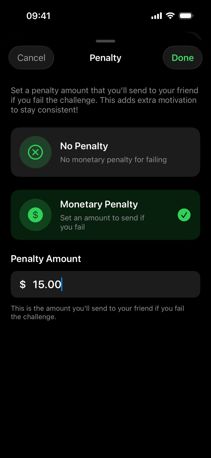 ShowUp penalty settings with a 15 dollar monetary penalty