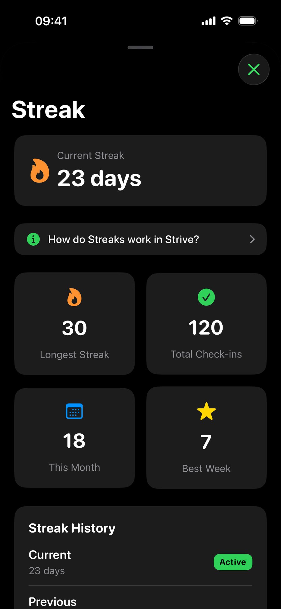 ShowUp streak screen showing a 23 day streak